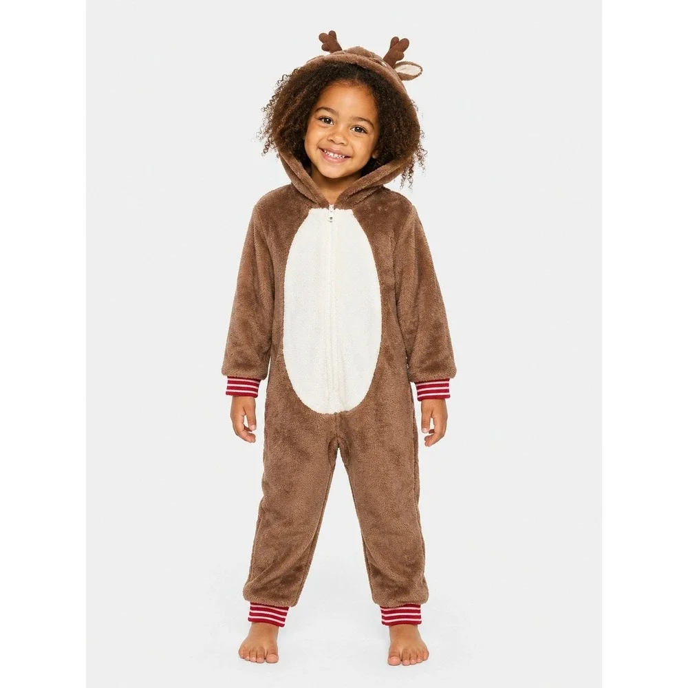 North Pole Trading Co Kids Reindeer Hooded One Piece Pajamas Brown 4T New NWT